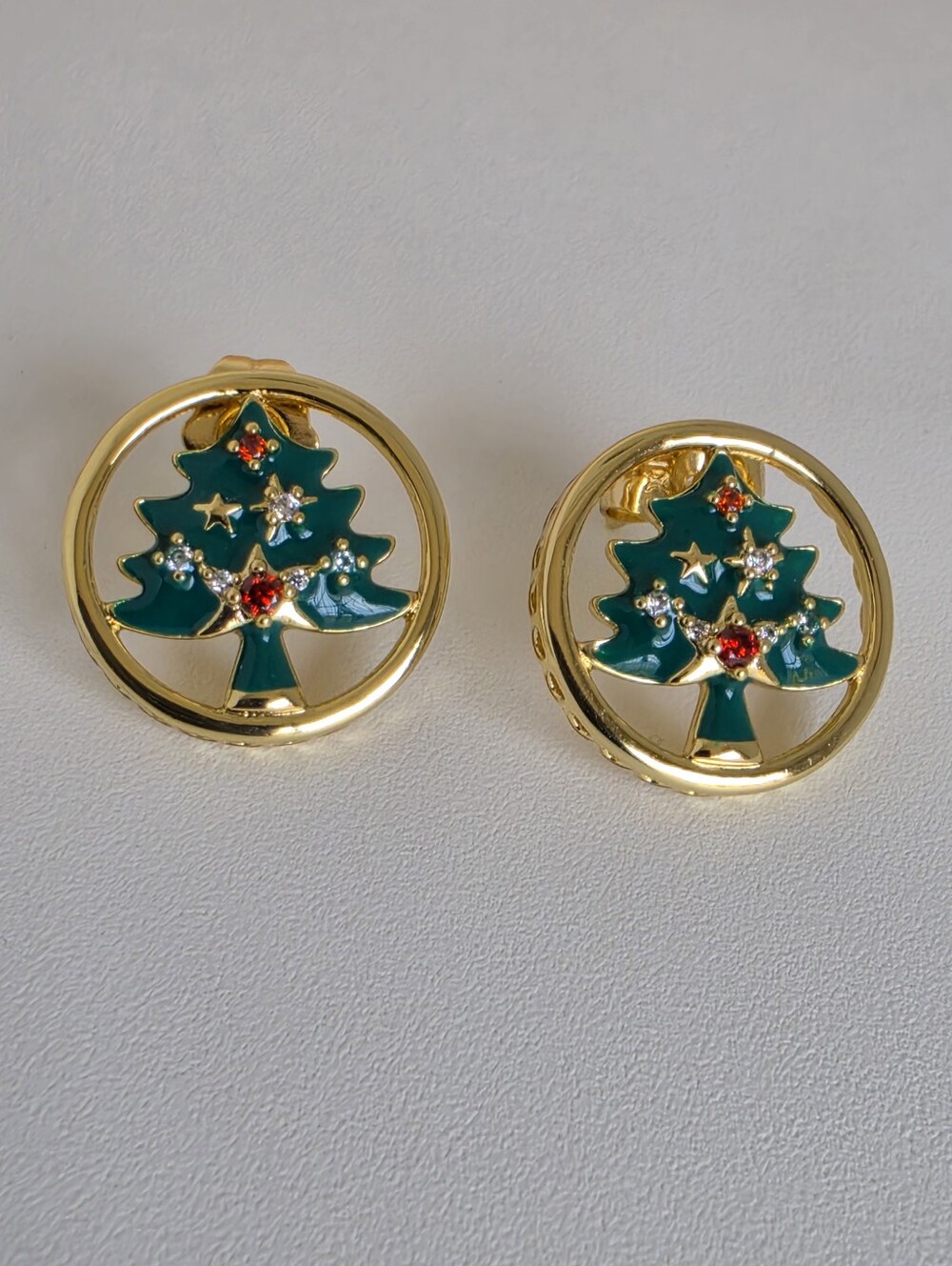 Gold Plated Christmas Tree Stud Earrings Green Rhinestone Holiday Jewelry